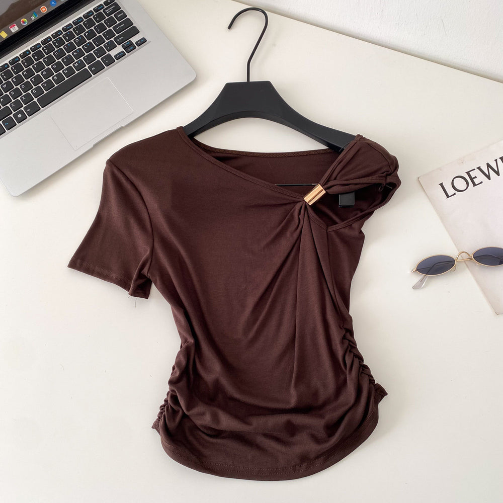 Korean style commute chic one-shoulder twist knot minimalist short sleeve t-shirt - women's summer loose fit, slimming design with ruched detail
