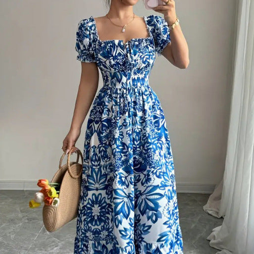 French square collar seaside print gentle waist floral dress