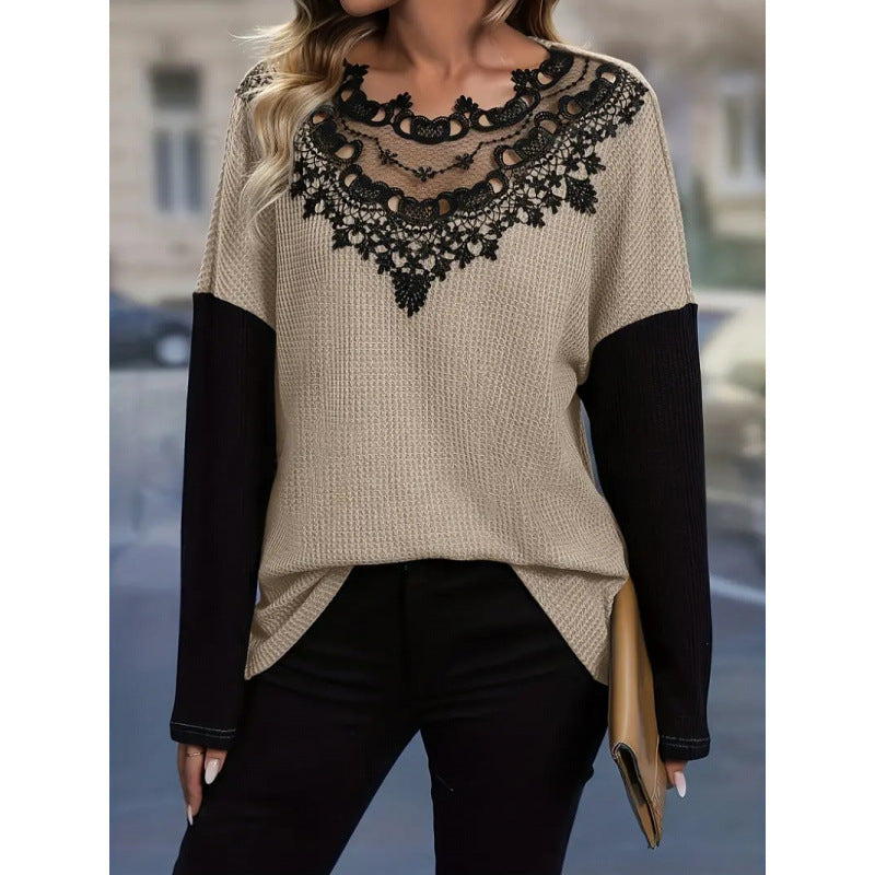 Shipped: european and american cross-border e-commerce lace patchwork hollow-out loose long-sleeve top -  independent website