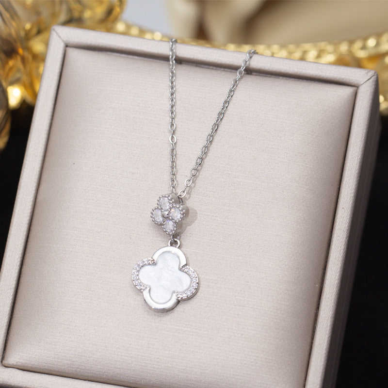 [titanium steel] micro-embedded four-leaf clover necklace and earrings set, high-end, accessible luxury, stylish, elegant earrings, clavicle chain jewelry