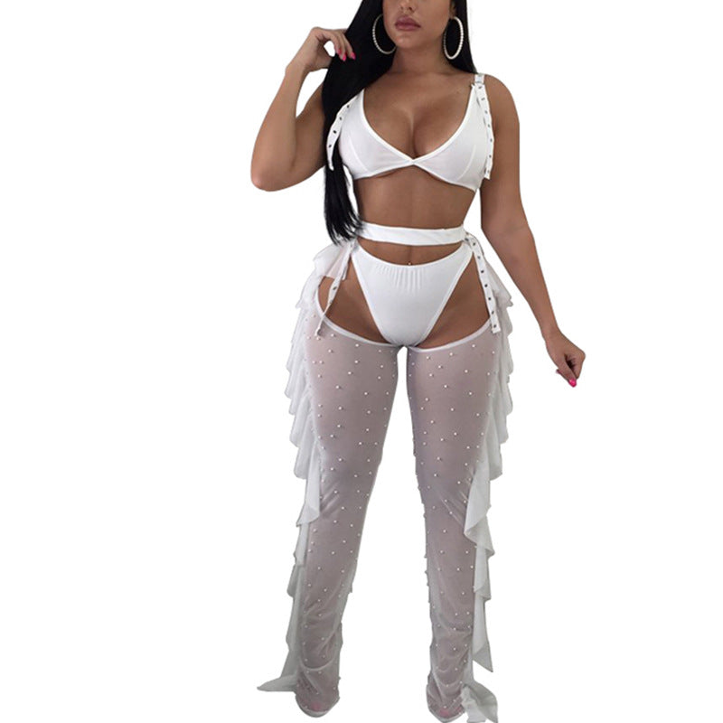 new arrival: cross-border  fashion - european & american style sexy mesh beaded ruffle trim bodycon set - tiktok trending