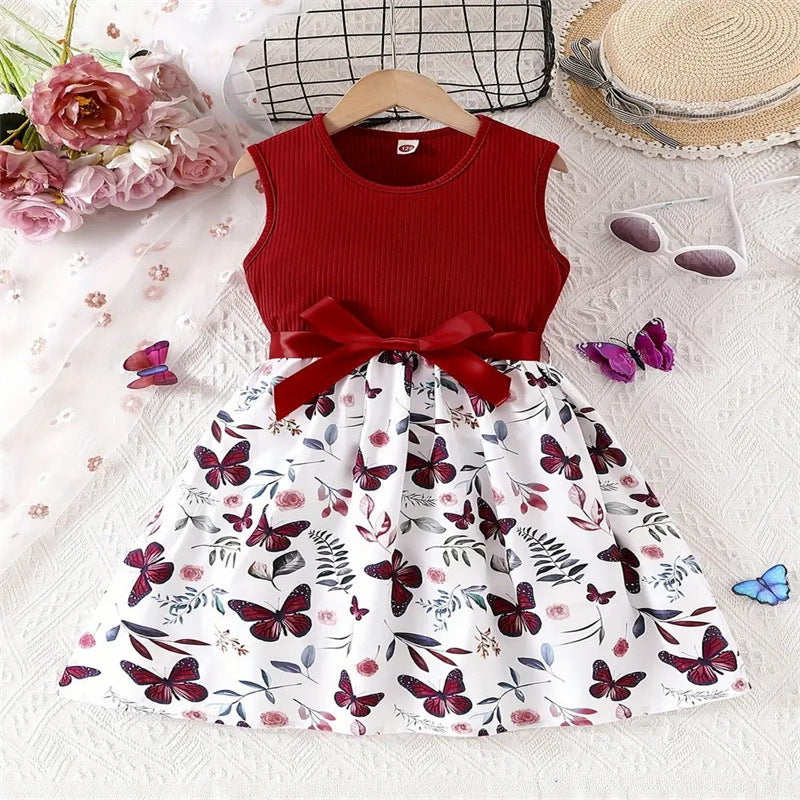 summer cross-border children's wear: new girls' bowknot patchwork floral print dress with mesh skirt