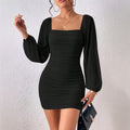 fashionnew arrival square neck pleated hip-hugging dress bubble long sleeves silmslimming look hot girl style short skirt