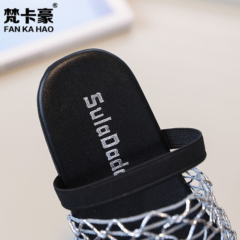 European and american niche fishnet knit cutout closed-toe mules -  summer new girls' flat outdoor sandals