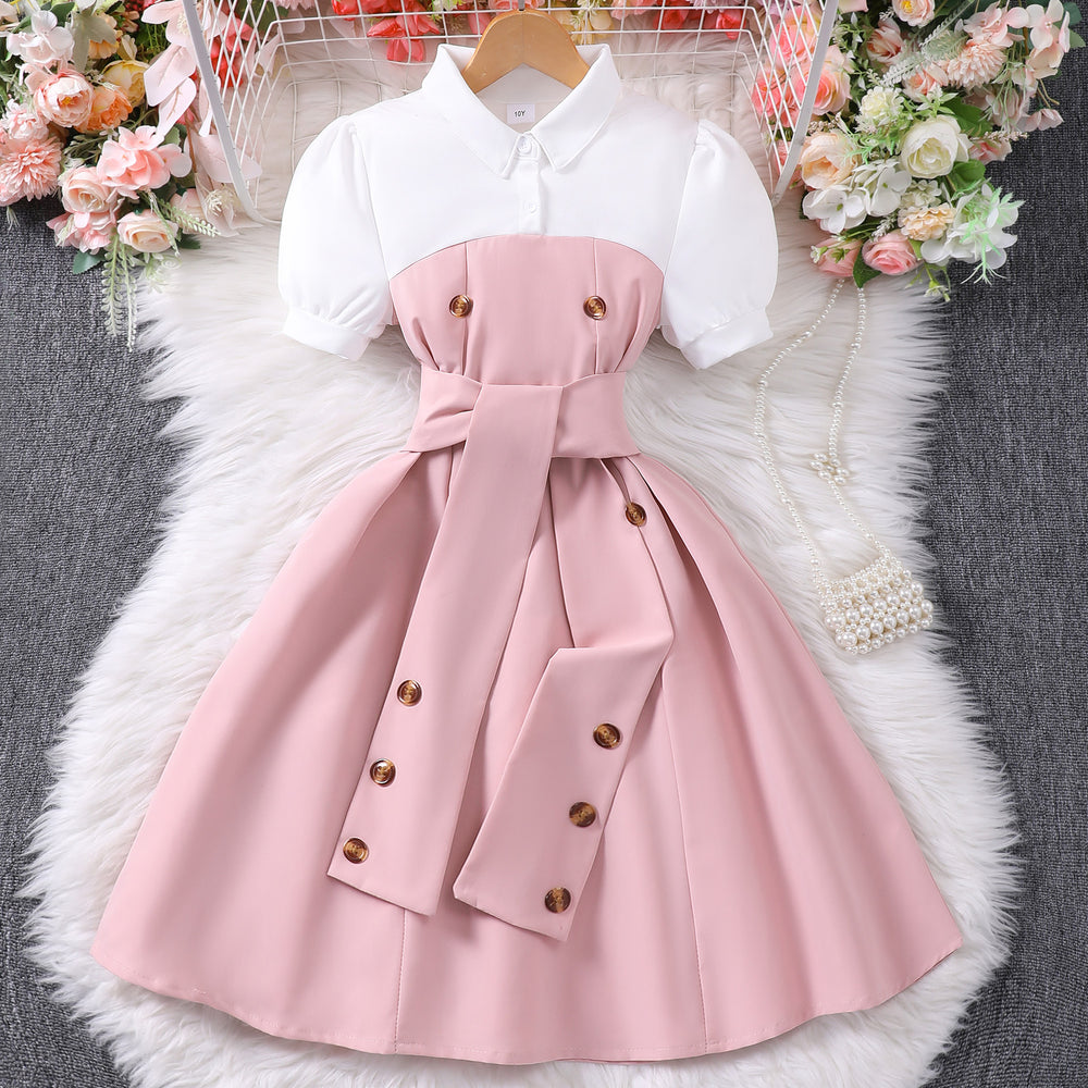 Children's short-sleeved lapel button patchworkcontrast colordress