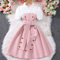 Children's short-sleeved lapel button patchworkcontrast colordress