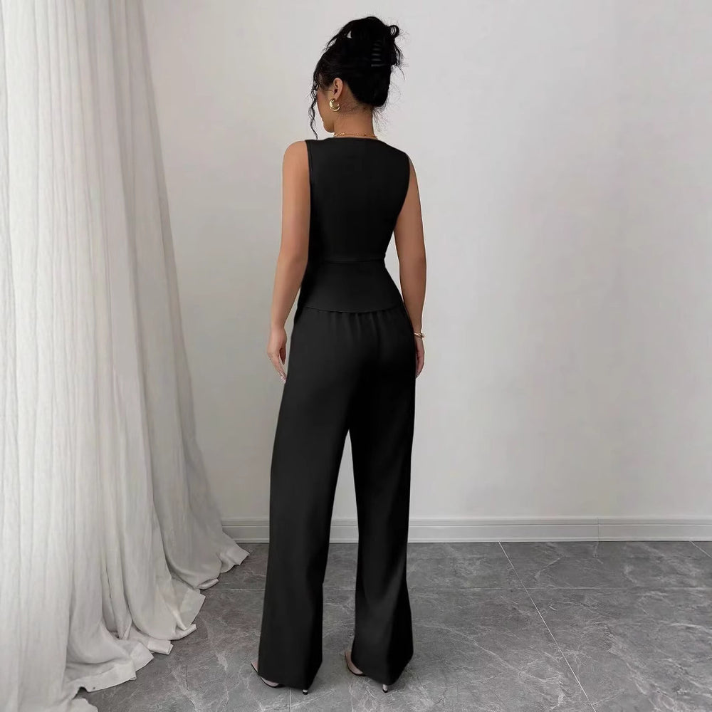 summer new women's solid color sleeveless slim-fit vest and high-waisted casual pants two-piece set - cross-border e-commerce