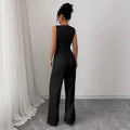 summer new women's solid color sleeveless slim-fit vest and high-waisted casual pants two-piece set - cross-border e-commerce
