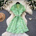French romantic style heavy lace embroidery dress - women's summer short sleeve, cinched waist, hollow-out, slimming, elegant mini dress