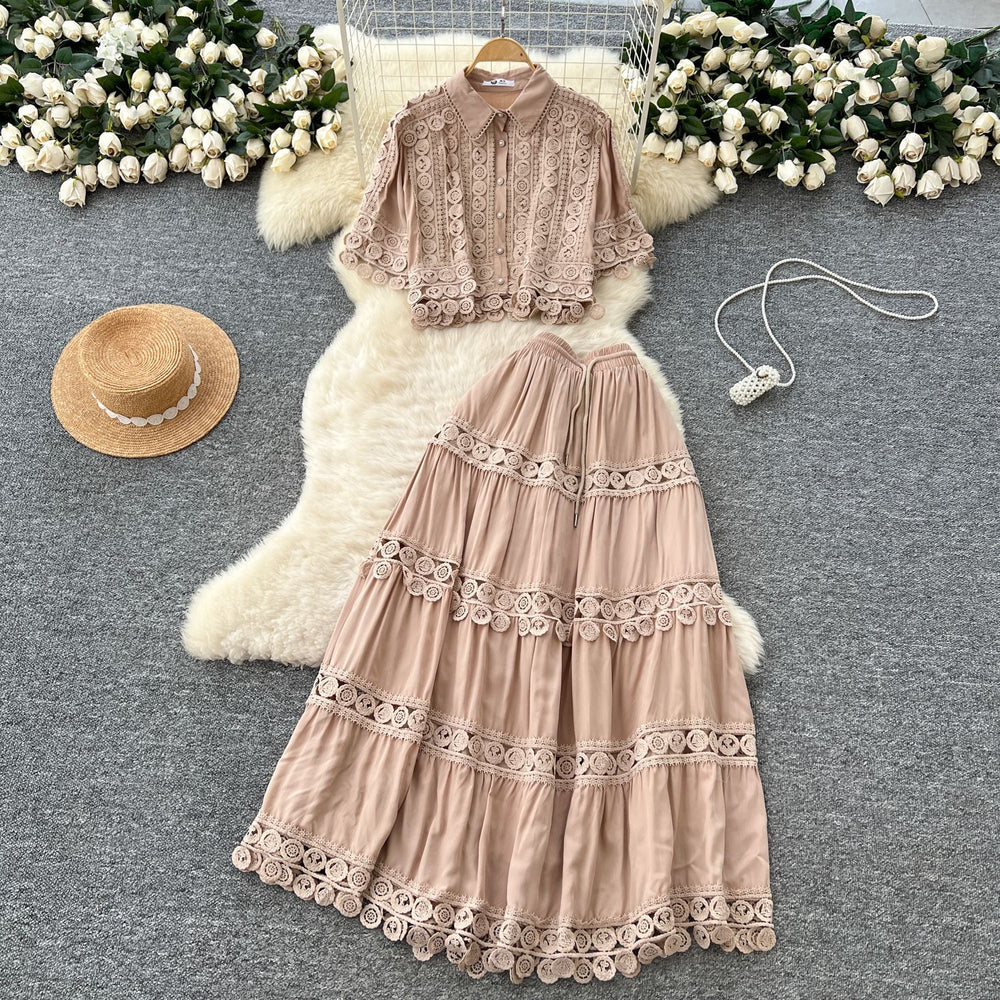 French retro court style two-piece set: women's loose-fit crochet lace patchwork short-sleeve top and high-waisted midi skirt