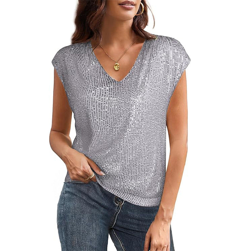 European and american cross-border summer new women's clothing  sexy v-neck sequin beaded shiny party vest t-shirt