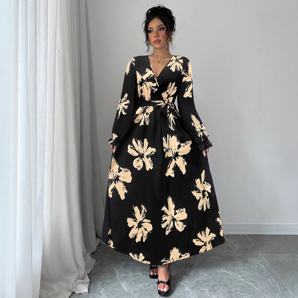 Amazon cross-border wholesale fashionable european and american style women's printed v-neck waist-defining dress