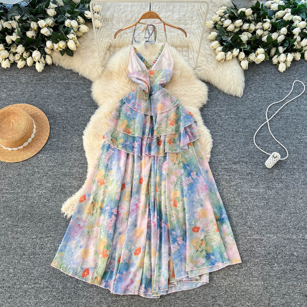 Stunning romantic v-neck floral sundress - dye-sublimated dopamine dress with ruffle hem, perfect for vacation