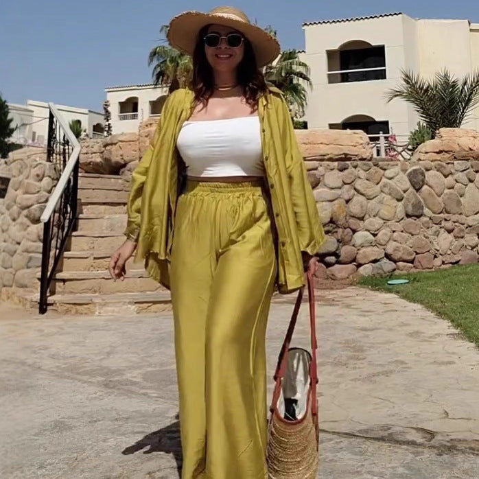 Cross-border European and American large-size casual cardigan shirt high waist wide-leg trousers women's  new fashion women's clothing two-piece set