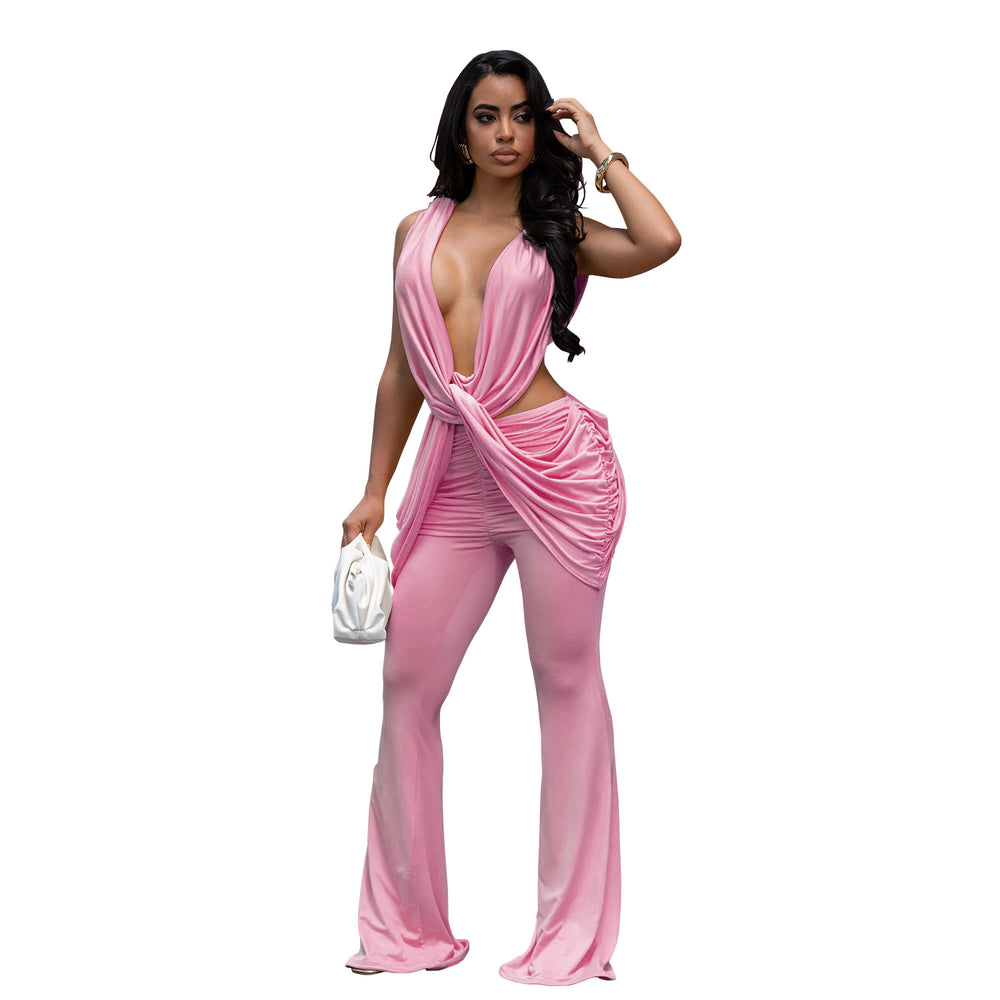 C7722 cross-border   fashion women's sexy backless solid color bodycon jumpsuit