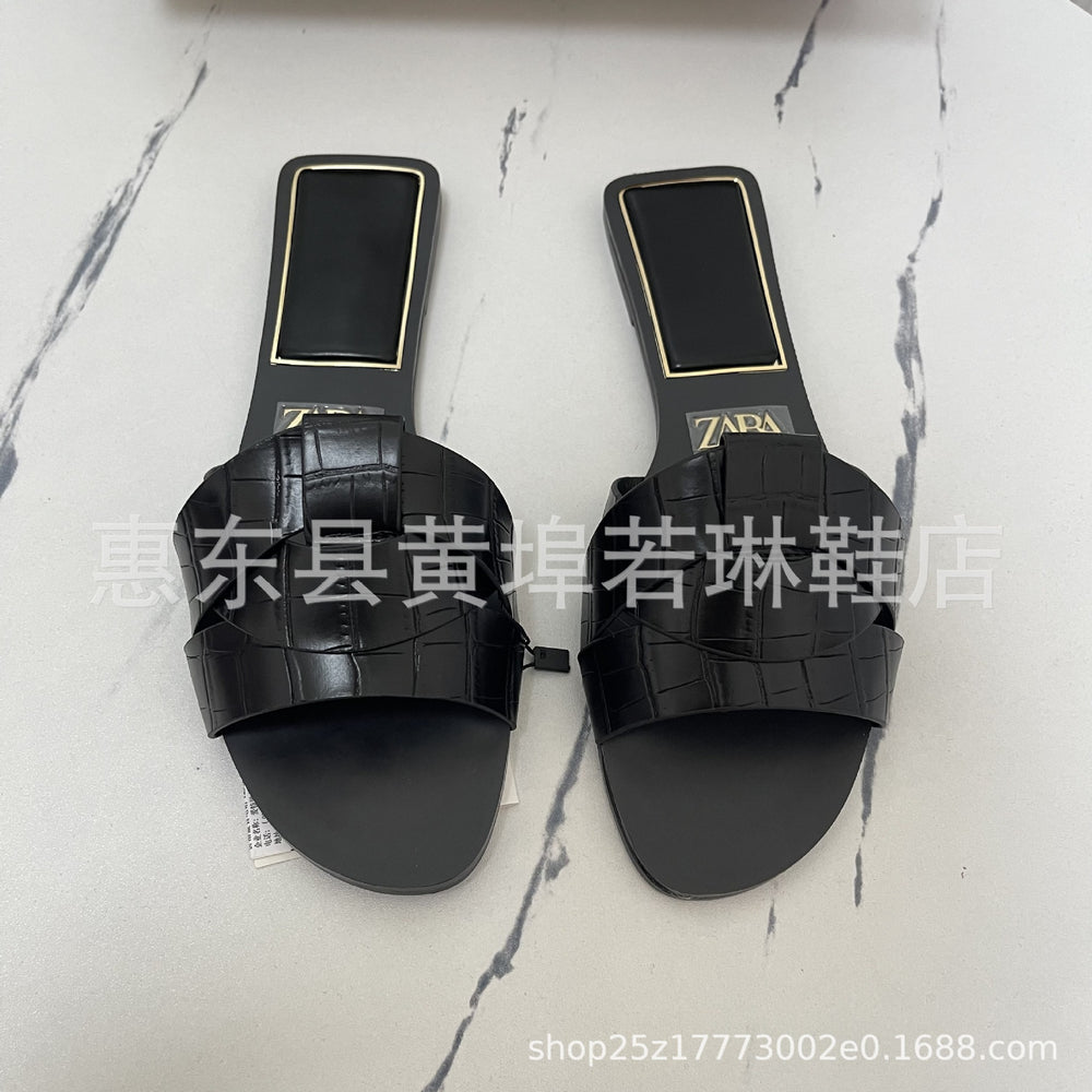 Za2026 summer new women's shoes square toe criss-cross flat sandals simple versatile slides women's outdoor slippers