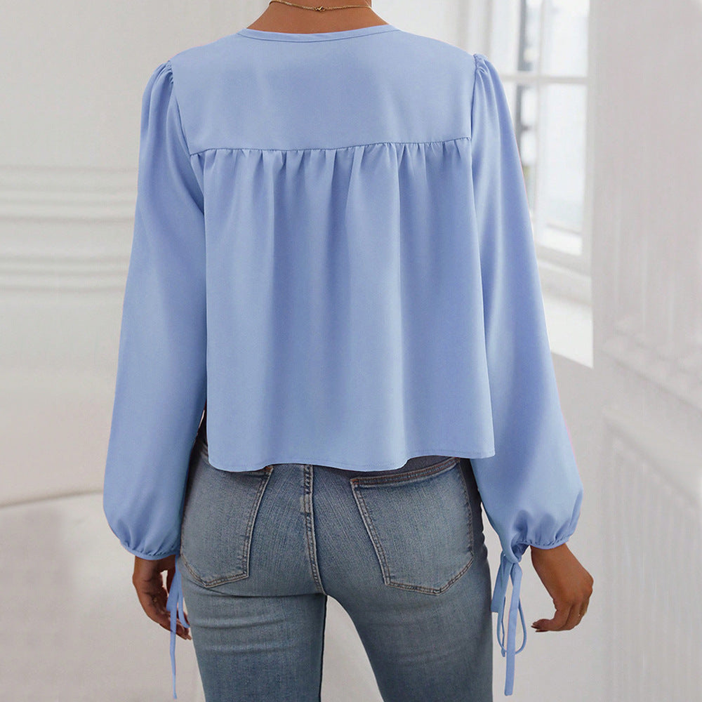 Cross-border European and American women's clothing 2024 autumn and winter crew neck lace-up bubble sleeves loose casual temperament women's pullover top