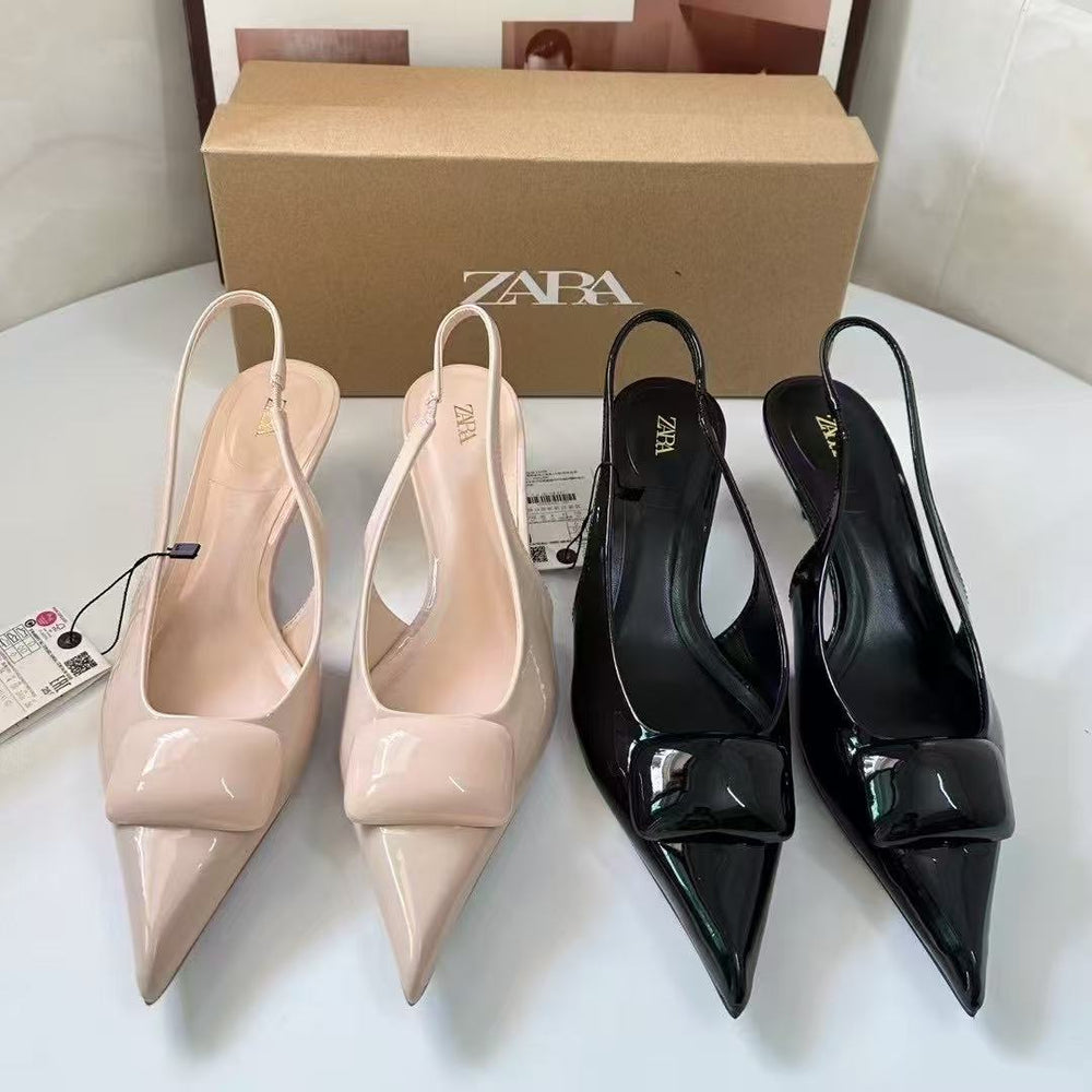 Zar spring new arrivals: women's black patent leather square buckle slingback mules, low-cut work shoes, and cat-heel sandals
