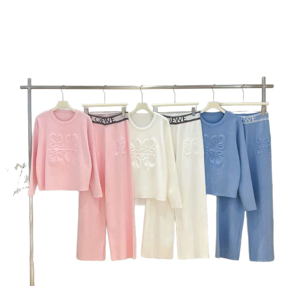 Fashionsuitfemalek-styleloose jacquard knittingsweatshirttwo-piece setcasualhigh waistslimming lookstraight-legloose pants