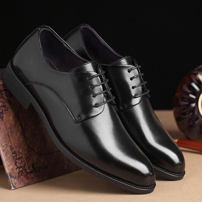 Black leather lace-up men's dress shoes - soft sole, business casual, round toe, leisure style, british & korean design, hidden heel