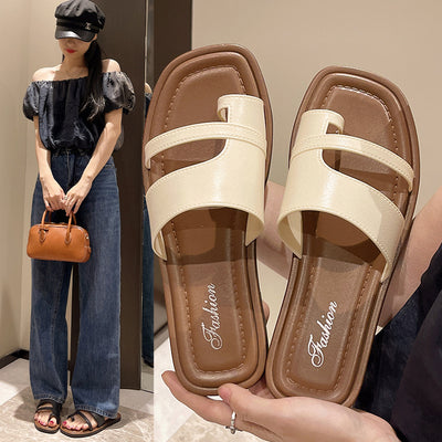 2025 new summer thong sandals women's korean style retro minimalist one-strap roman sandals fashionable outdoor slides