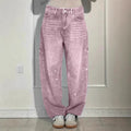 Y2k sweet & cool gradient pink denim jeans for women - starry hotfix rhinestone high-waisted wide-leg pants - sparkly casual trousers