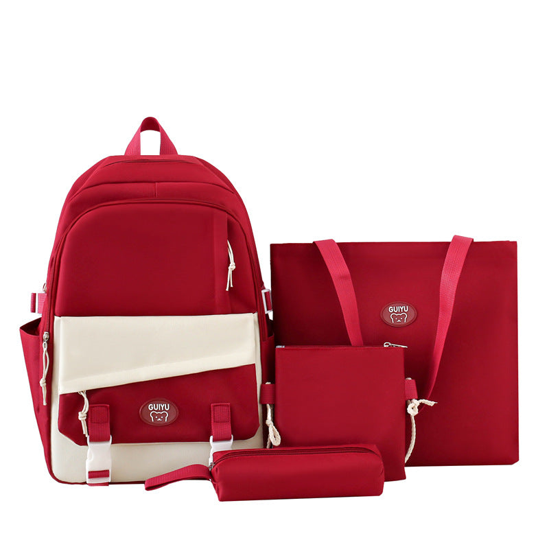 Simple four-piece schoolbag, female primary school backpack,  large-capacity junior high school backpack, high-value lightweight backpack