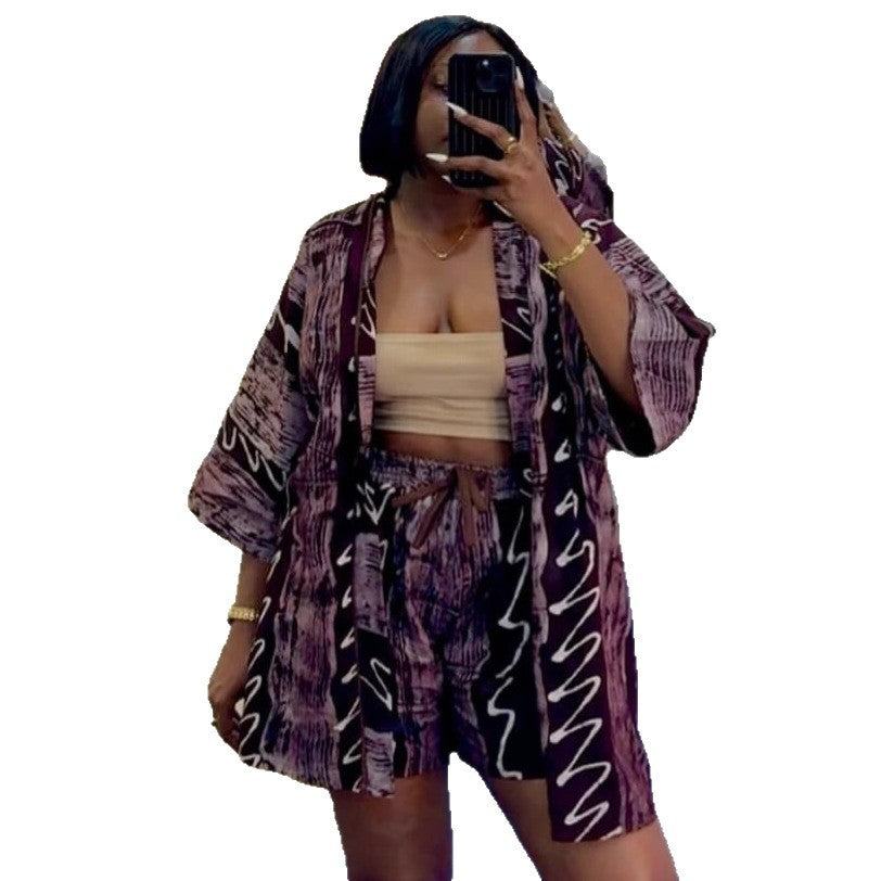European and American large-size women's casual suit printed cardigan shirt African versatile shorts fashion foreign style two-piece set women