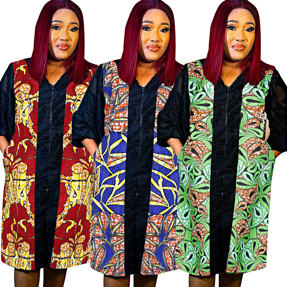 e-commerce   new zipper dress wax fabric with pockets african women's plus size skirt