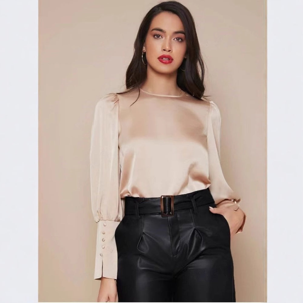 long-sleeved satin shirt for women spring and summer export independent station lantern sleeve satin shirt tops
