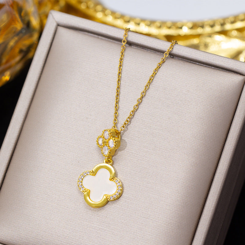 [titanium steel] micro-embedded four-leaf clover necklace and earrings set, high-end, accessible luxury, stylish, elegant earrings, clavicle chain jewelry