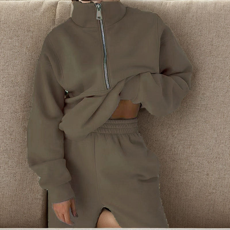 cross-border e-commerce european and american women's clothing: new summer collection - fashionable casual fleece-lined sporty zip-up hoodie set
