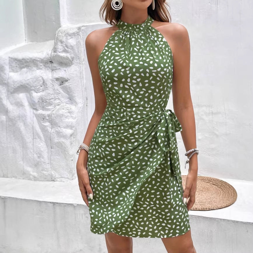 cross-border european and american style polka dot ruched dress - sleeveless halter neck dress with waist tie