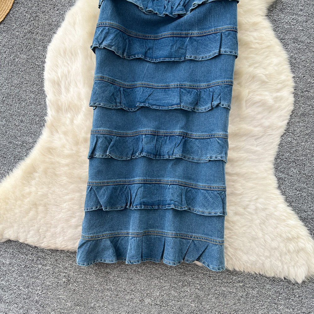 French romantic blue denim ruffle trim cami cake dress - women's summer square neck, slimming & chic