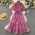 French fashion stand collar lantern sleeve tie-waist dress - slimming, elegant, sparkling ruffle hem maxi dress