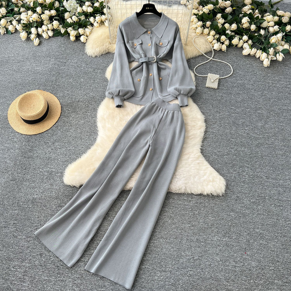 High-end socialite style women's winter new arrival: metallic buckle tie-waist long-sleeved knit top with high-waisted wide-leg pants