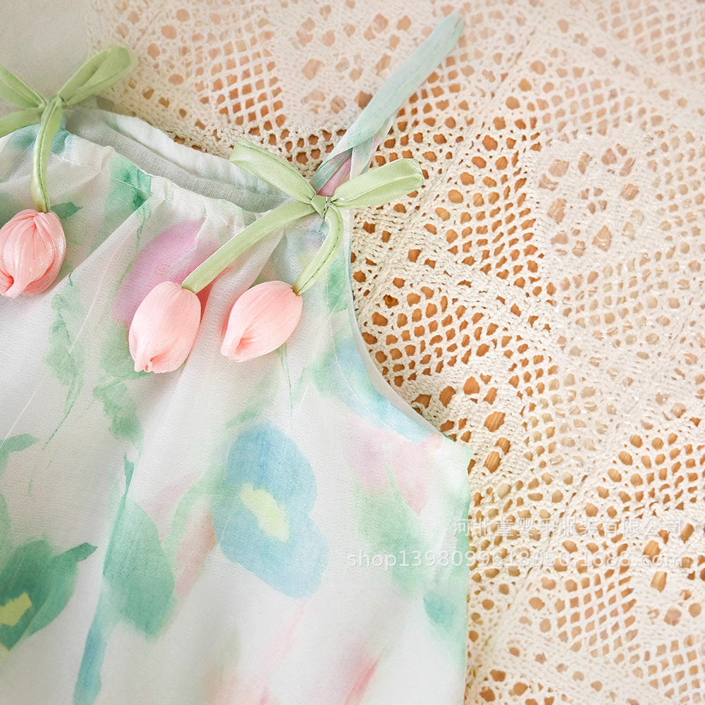 Summernew arrival baby clothes floral small suspender baby girl flower bud princess bag butt jumpsuit summer clothing export batch