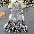 K-styleretro polka dot floral dress women's springlong sleevesv neck waist a-line skirtelegantslimming lookwork clothing skirt