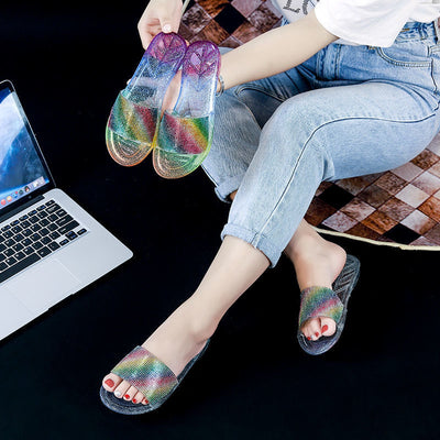 2024 new fashion women's slippers - summer rhinestone stylish ladies' outdoor wear, girly heart-shaped flat color block sandals