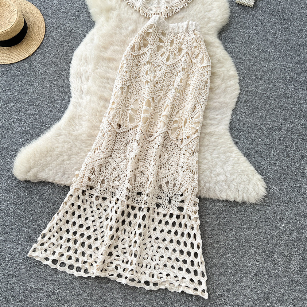Hollow hook lace vest skirt two-piece set for women summer tassel slimming lookelegantsuit skirt