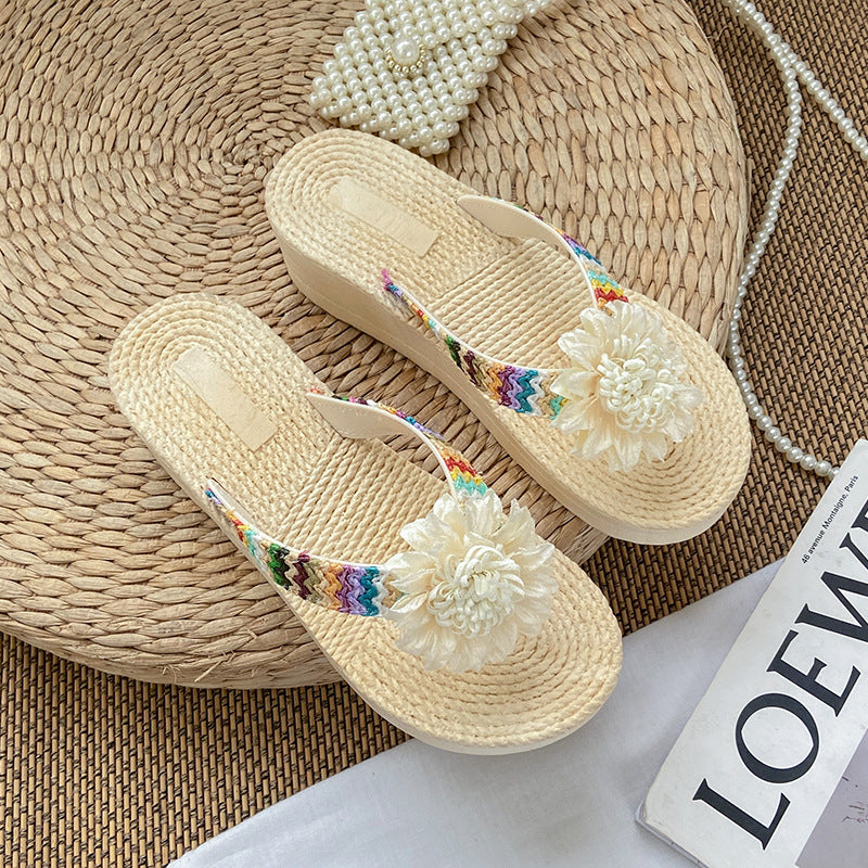 Women's flip-flops: summer fashion, new floral design, height-boosting, outdoor slippers, comfortable, non-slip wedge heel beach sandals
