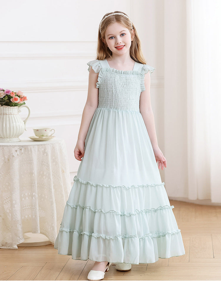 Girls' chiffon dress with ruched detail, long summer dress, ruffle shoulder straps, princess style,  new arrival, cross-border fashion for europe and america