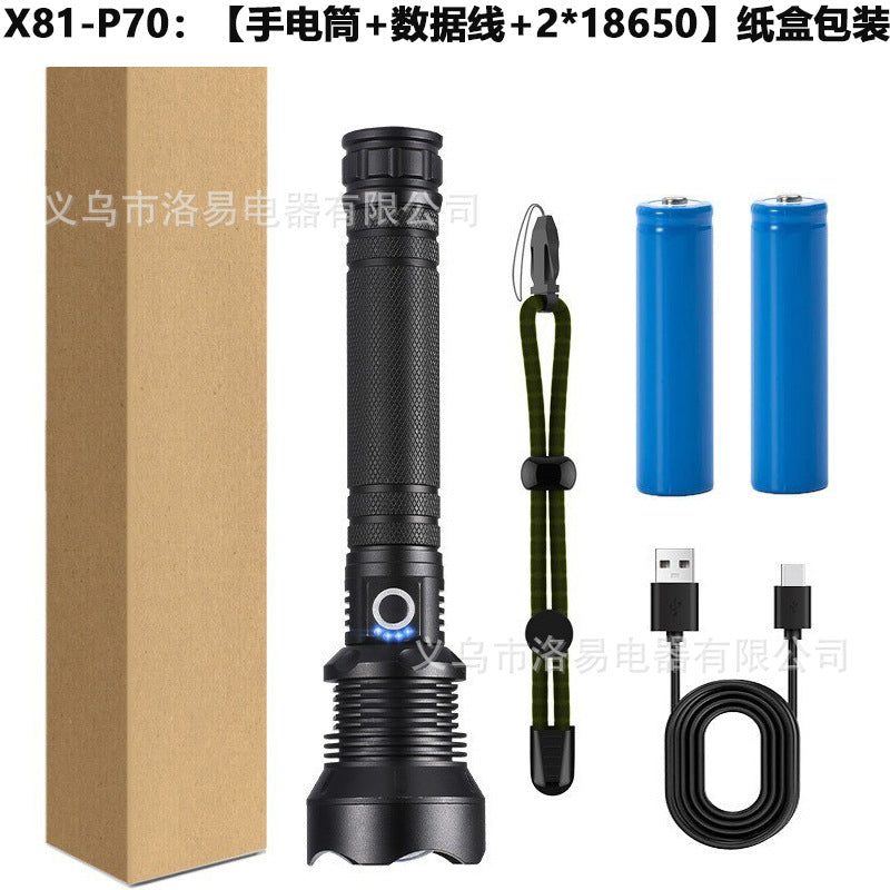Cross-border P70 strong light flashlight electric display zoom led flashlight outdoor high-power aluminum alloy highlight flashlight
