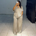 European and american cross-border women's clothing  summer new arrival: casual loose v-neck striped short-sleeve top and wide-leg pants set