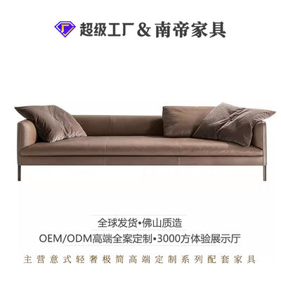 Italian minimalist genuine leather sofa, understated luxury, simple modern nordic down-filled living room set, small apartment sofa wholesale