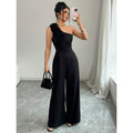 Women's one-shoulder jumpsuit with 3d floral appliqué, sleeveless wide-leg formal party romper