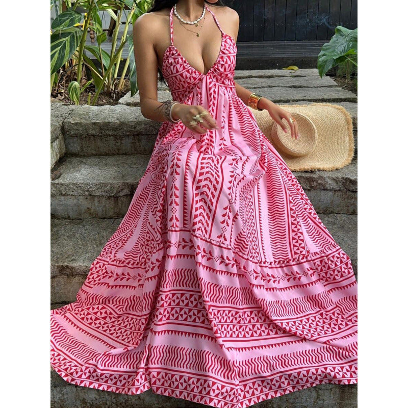 Amazon  summer new arrival: printed beach vacation style v-neck halter backless tie-up dress for women