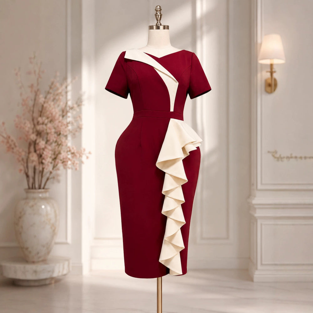 New arrival cross-border ruffles one-step skirt silm color matching work clothing hip-covering short-sleeved dresswoman dresses