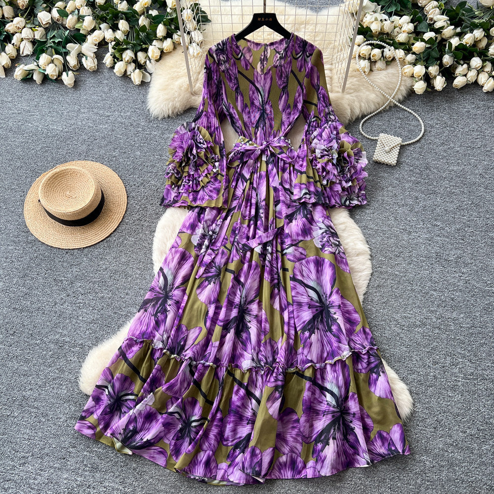 Vacation-style purple floral print dress for women, spring long-sleeved high-waisted a-line dress with a cinched waist and ruffle hem maxi skirt