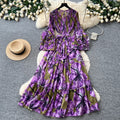 Vacation-style purple floral print dress for women, spring long-sleeved high-waisted a-line dress with a cinched waist and ruffle hem maxi skirt